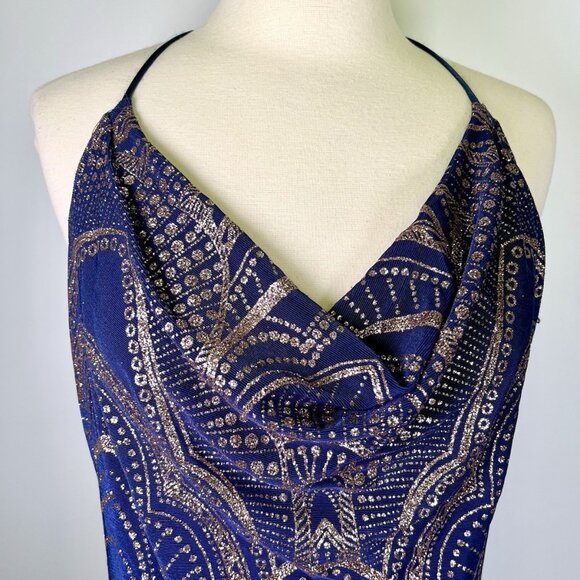 Vintage Y2K Jump Large Blue Gold Glitter Slouch Chest Cowl Halter Dress Gatsby - Picture 3 of 8